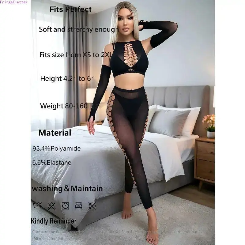 Women's 2-Piece Hollow Mesh Fabric Lingerie Set - Skinny Fishnet Bodysuit for Women, Glamorous Club Wear Layering Piece
