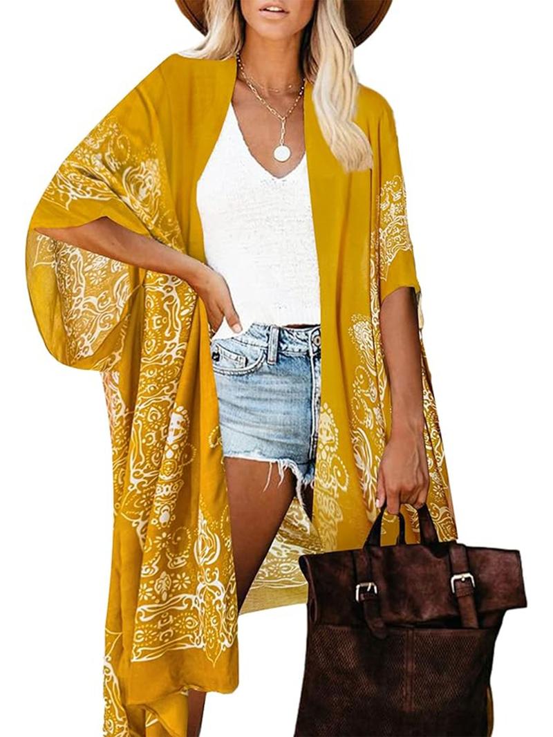 Women's Ethnic Pattern Batwing Sleeve Kimono, Casual Three Quarter Length Sleeve Split Hem Kimono, Ladies Summer Swimwear for Beach Vacation