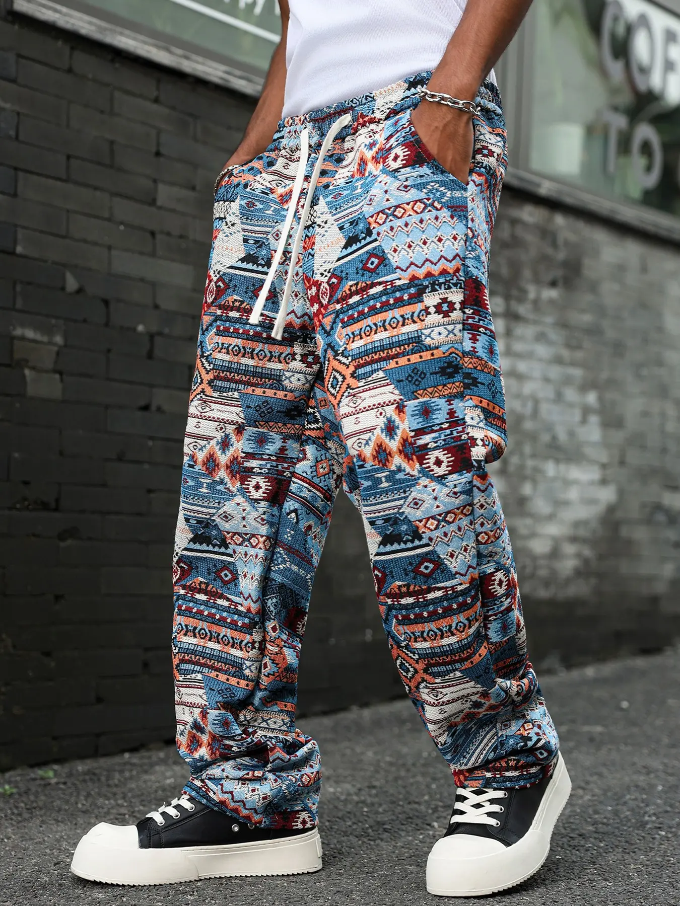 Men's Bohemian Vintage Ethnic Print Cargo Pants, Elastic Drawstring Waist, Multiple Pockets, Fringe Hem, Casual Spring & Fall Pants