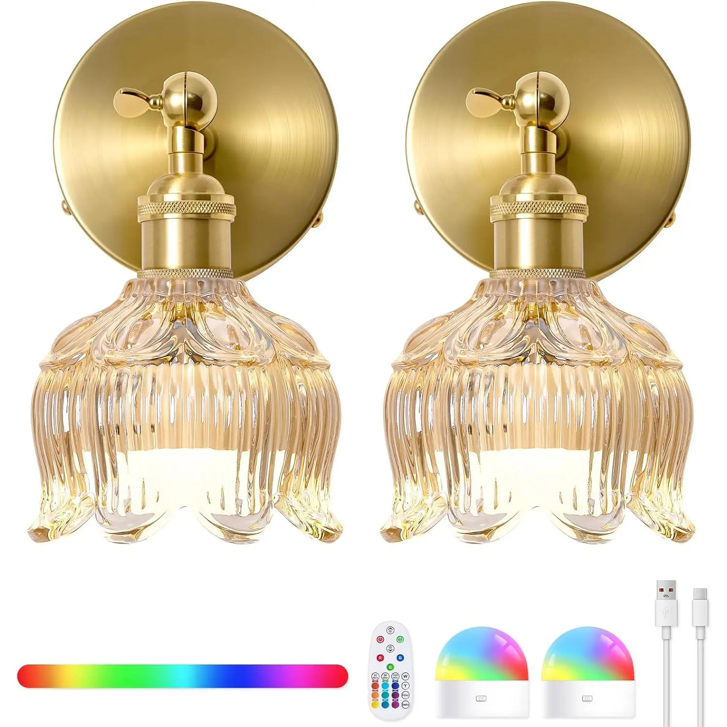 2-Pack Vintage Brass Battery Operated Wall Sconces - 5000mAh Power Guardian Rechargeable Dimmable Lights with Remote, Batteries, Adjustable Color Temperature, Cognac Flower Glass Cordless Mounted Lighting for Bedroom Decor, Adaptive to Your Every Need