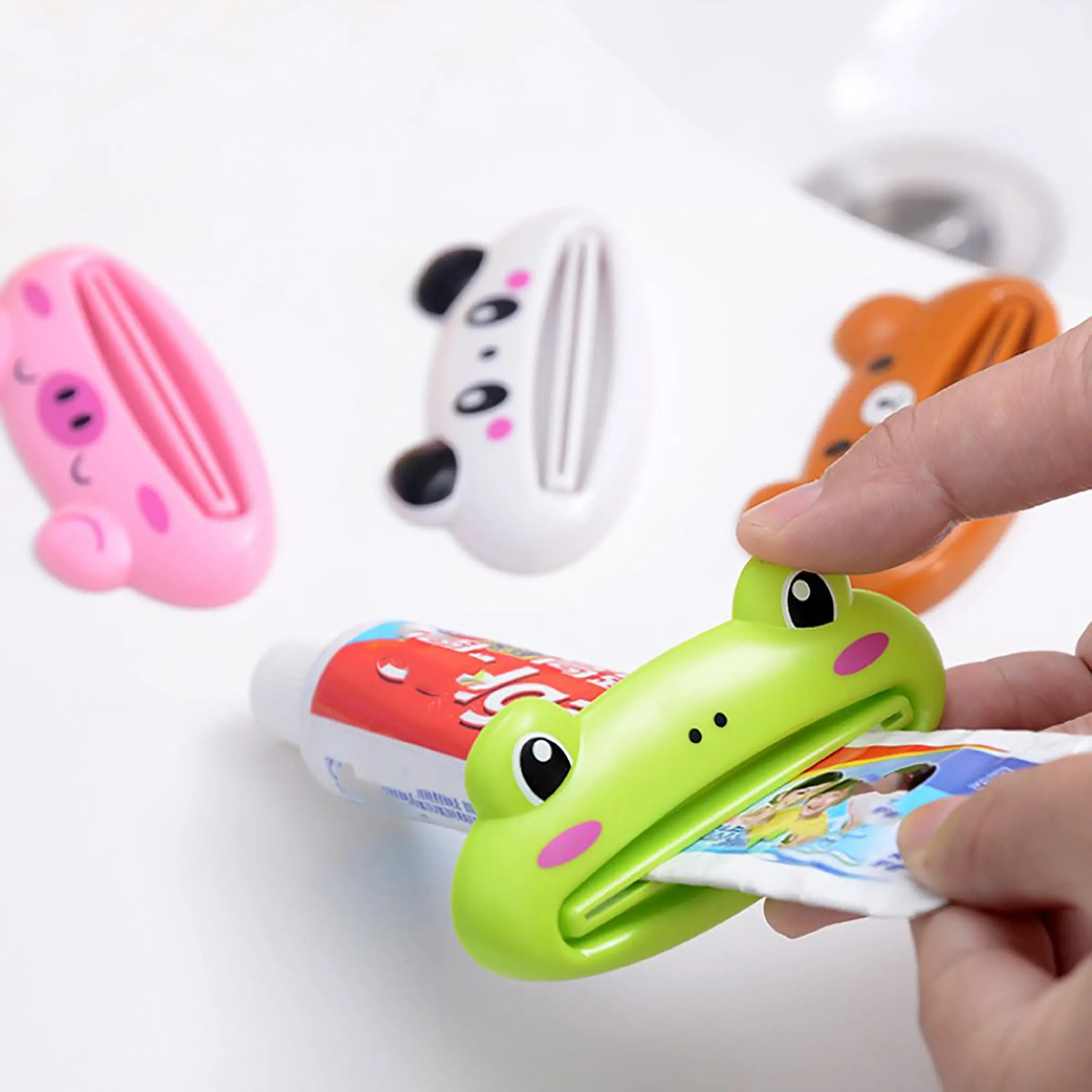 Four-Piece Set, Cute Cartoon Animal Toothpaste Squeezer for Kids, Lazy Makeup Dispenser, Fun Plastic Bathroom Accessory, Easy to Use