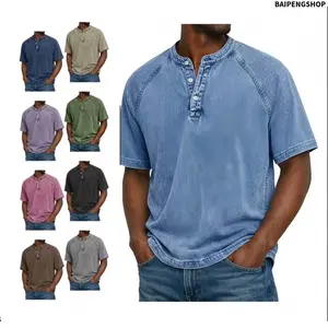 Men's Cotton Acid Wash Henley Shirt, Vintage Short Sleeve T-Shirt, Loose Fit Baggy Workout & Casual Streetwear Tees