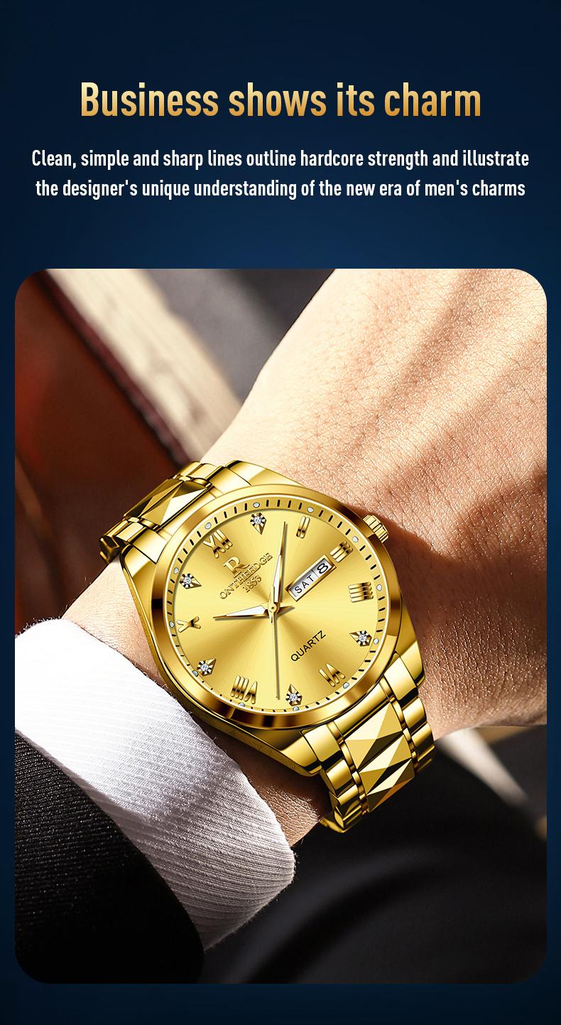 Men's Luxury Gold Tone Quartz Watch - Stainless Steel Wristwatch with Day & Date Calendar, Crystal Diamond Accents, Roman Numerals, Elegant Business Dress Watch, Perfect Gift for Husband Dad