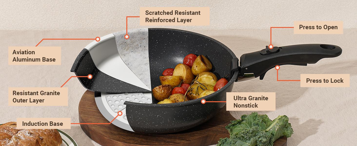 15Pcs Pots and Pans Set Non Stick, Cookware Sets with Detachable Handle, Nonstick RV Kitchen Cooking Tools Removable Handles, Oven Safe, Induction Fast, Stackable Induction Cookware,Black