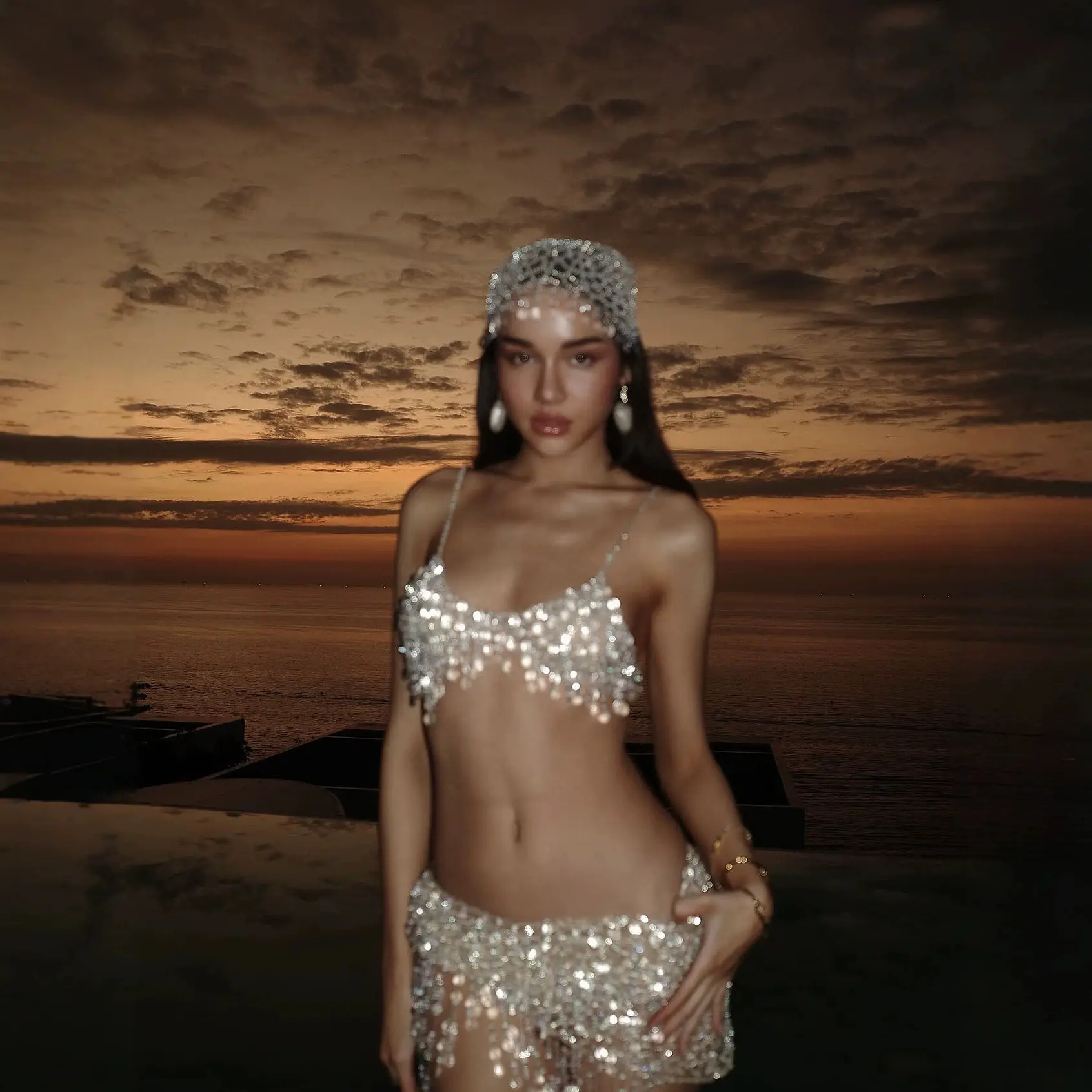 Refined Crystal Beaded Mesh Two Piece Set, Fringe Detailed Bralette Top Asymmetric Tassel Mini Skirt Handmade Craftsmanship, For Weekend Festival Trips Seaside Resort Parties Night Gatherings, Versatile Glittery Fancy Beach And Nighttime Matching Wear