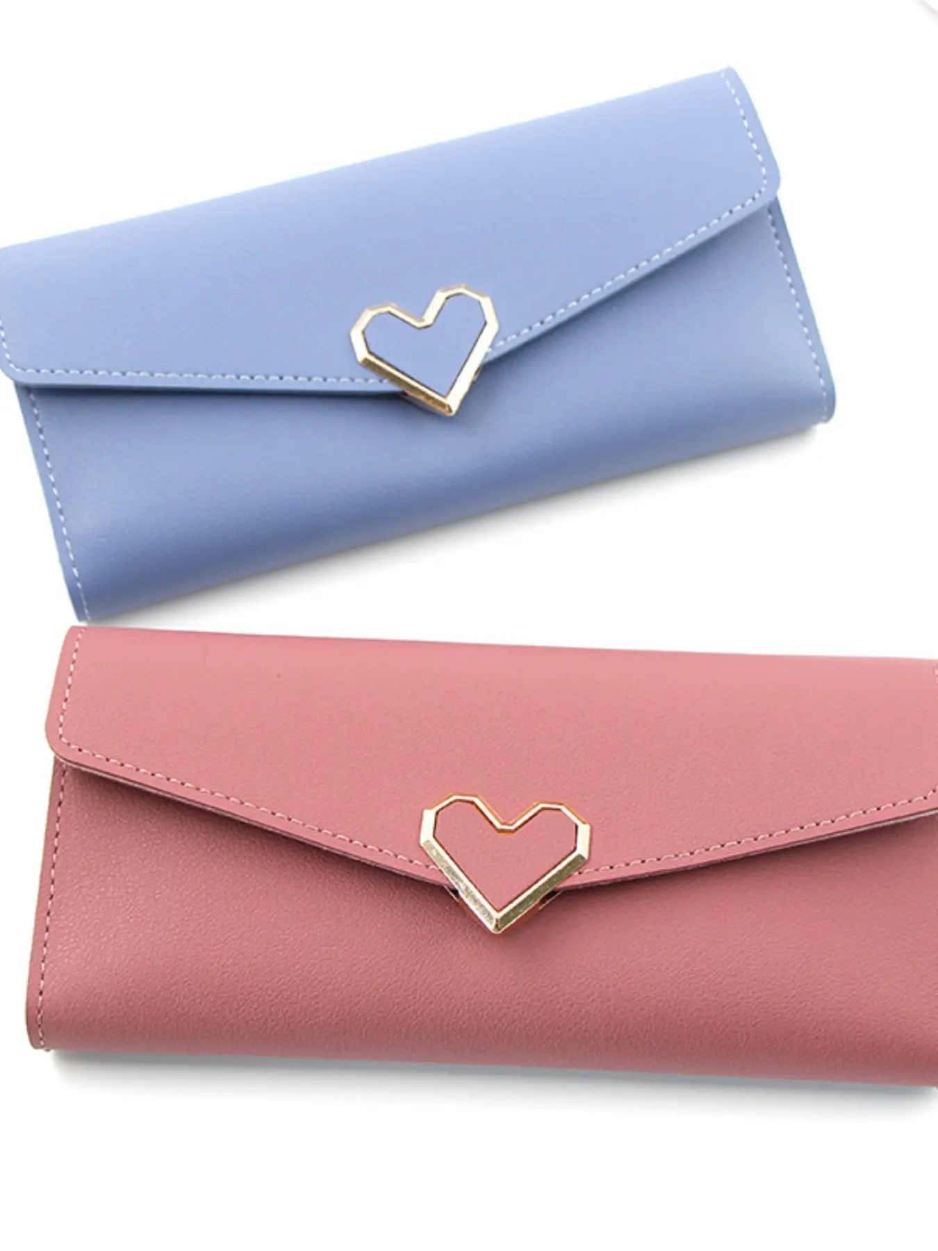 New Women's Long Wallet, Heart Shape Leather Card Holder, Multi-Card Slot, Buckle Money Clip, Large Capacity Handbag