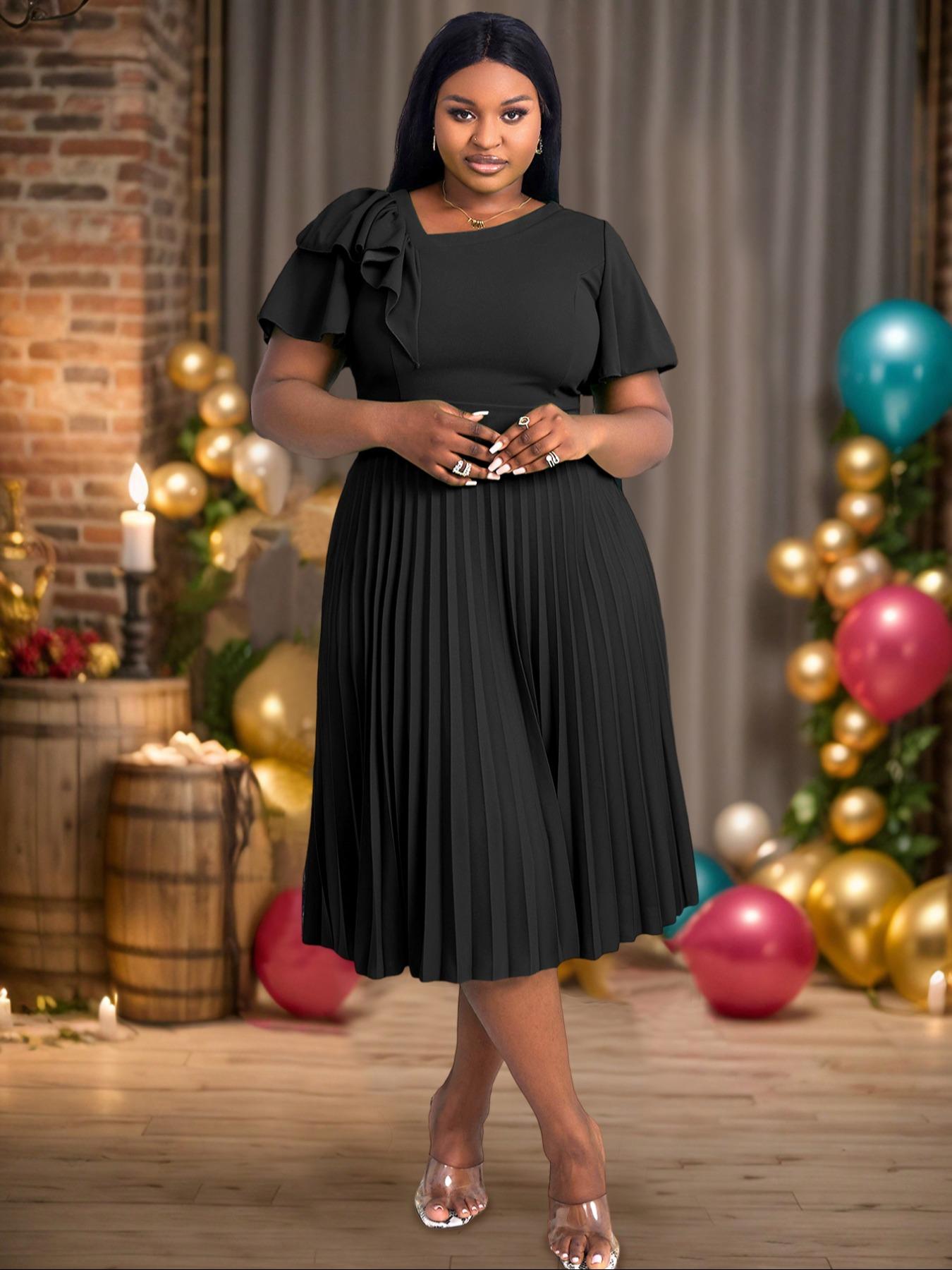 plus size a line dresses for wedding guest Amazon.com: CICIDUDU Women Plus Size Dress Wedding Guest Formal Ruffle Short Sleeve Square Neck Smocked Flowy A Line Slit Maxi Dresses Black : Clothing, Shoes & Jewelry