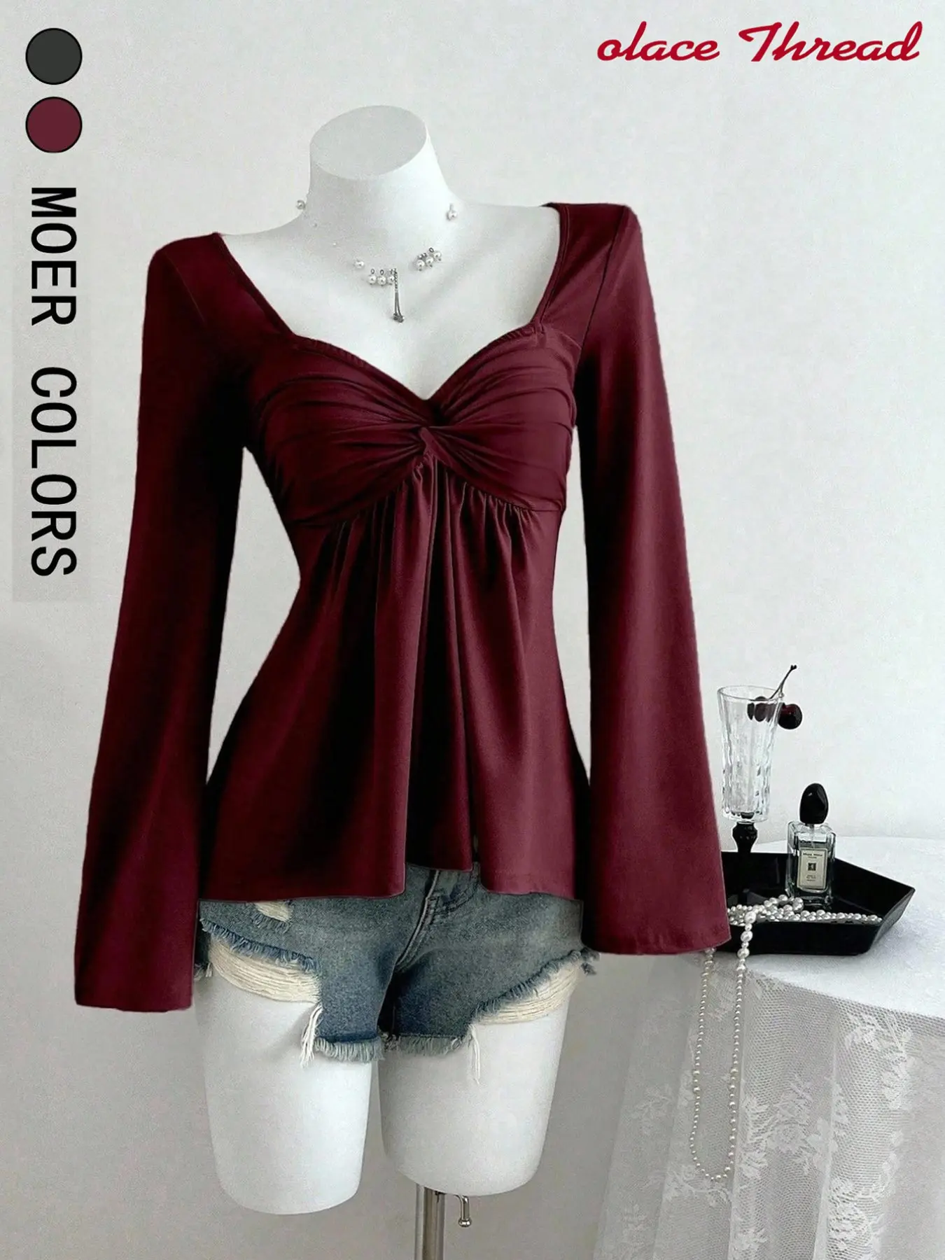 Autumn New Vintage Heart Neck Knot Top, Flared Long Sleeve Slim Fit Elegant Shirt, Olace Thread Shop Women
