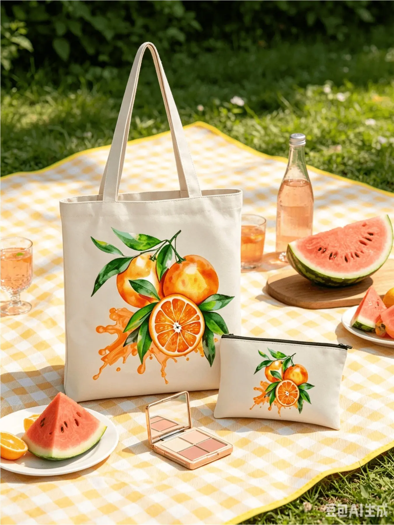 Orange Fruit Print Canvas Tote Set with zipper coin purse. Roomy white shoulder bag ideal for beach, wedding, birthday & holidays, great gift for mom, teachers, bridesmaids and students.