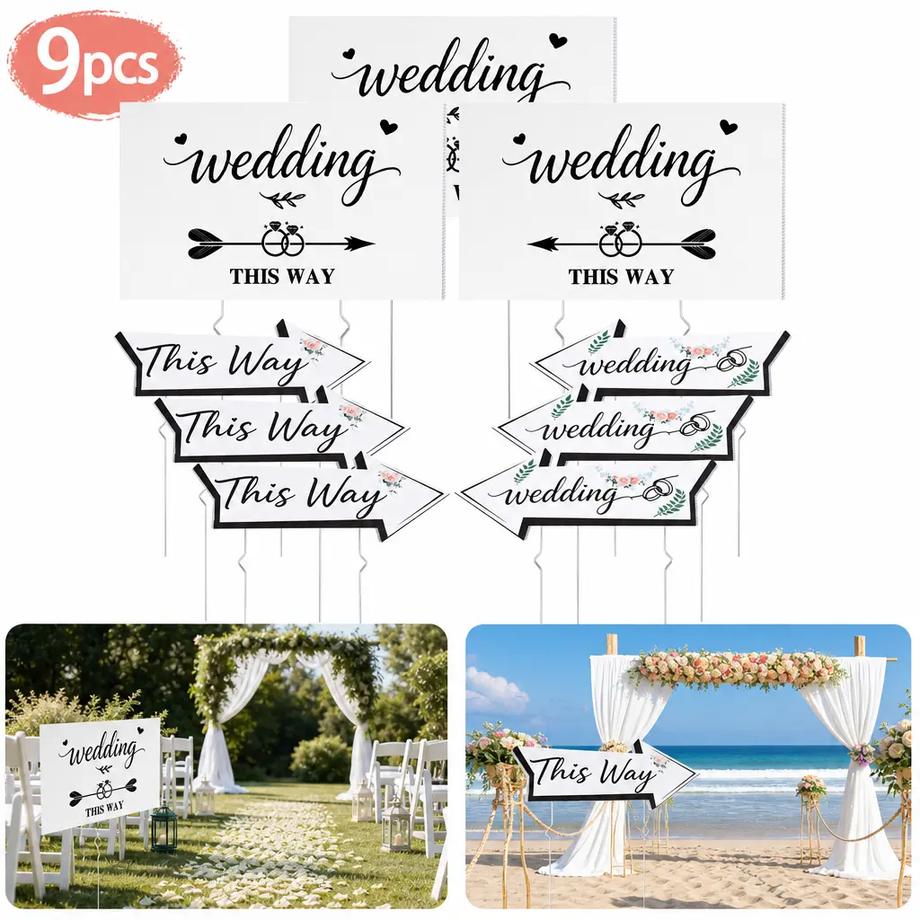 9pcs Wedding Signs Kit, Double Sided Wedding Direction Arrow & Parking Signs With Metal Stakes, Entrance Signs For Wedding Ceremony,Reception, Parking Area, Beach, Outdoor Yard Lawn