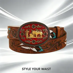 Men’s Western retro belt with bison head buckle and rivets, street design—versatile and durable