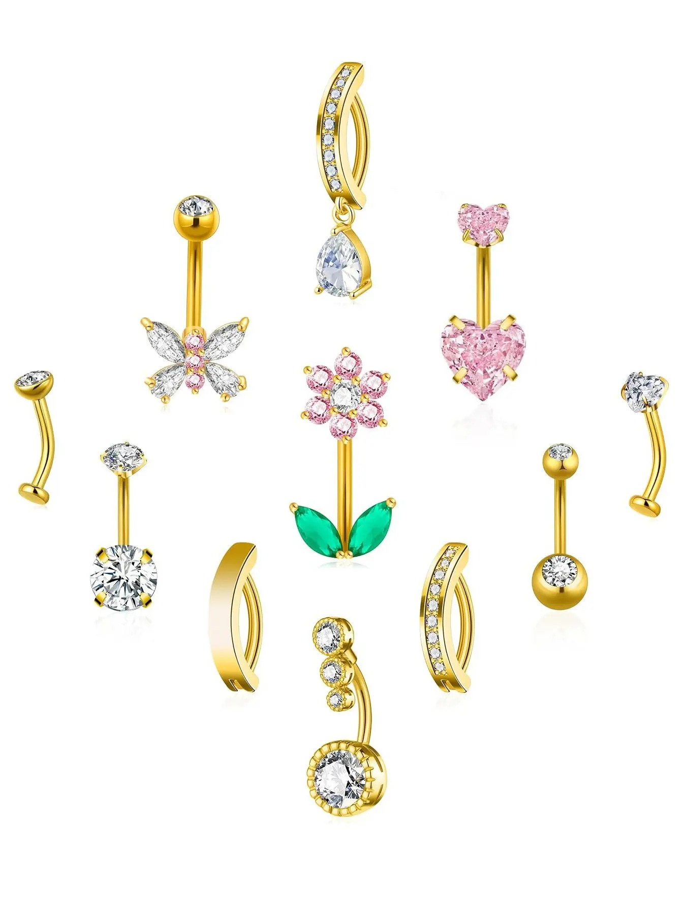 11 Pcs Belly Button Ring Set, Surgical Stainless Steel, Butterfly Flower Design, Floating Clicker, Navel Piercing Jewelry for Women, Chic Body Jewelry
