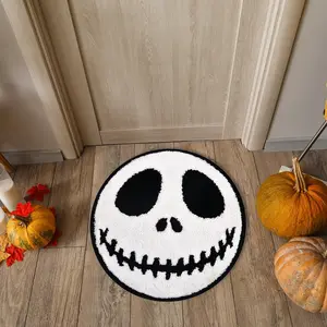Halloween Rug,Halloween Round Ghost Face Bath Mat, Scary Ghost Shape Bathroom Rug Decor, Non-Slip Kitchen Bedroom Living Room Floor Mat, Horror Movie Inspired