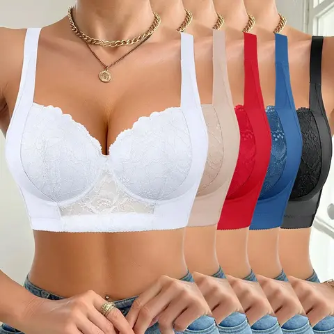 Women’s 3-Pack Lace Trim Push Up Bralettes - Lightweight, Thin, Minimalist Basic Seamless Wireless Soft Fabric Intimates with Anti-Sag Support, Adjustable Straps for Daily Day Wear