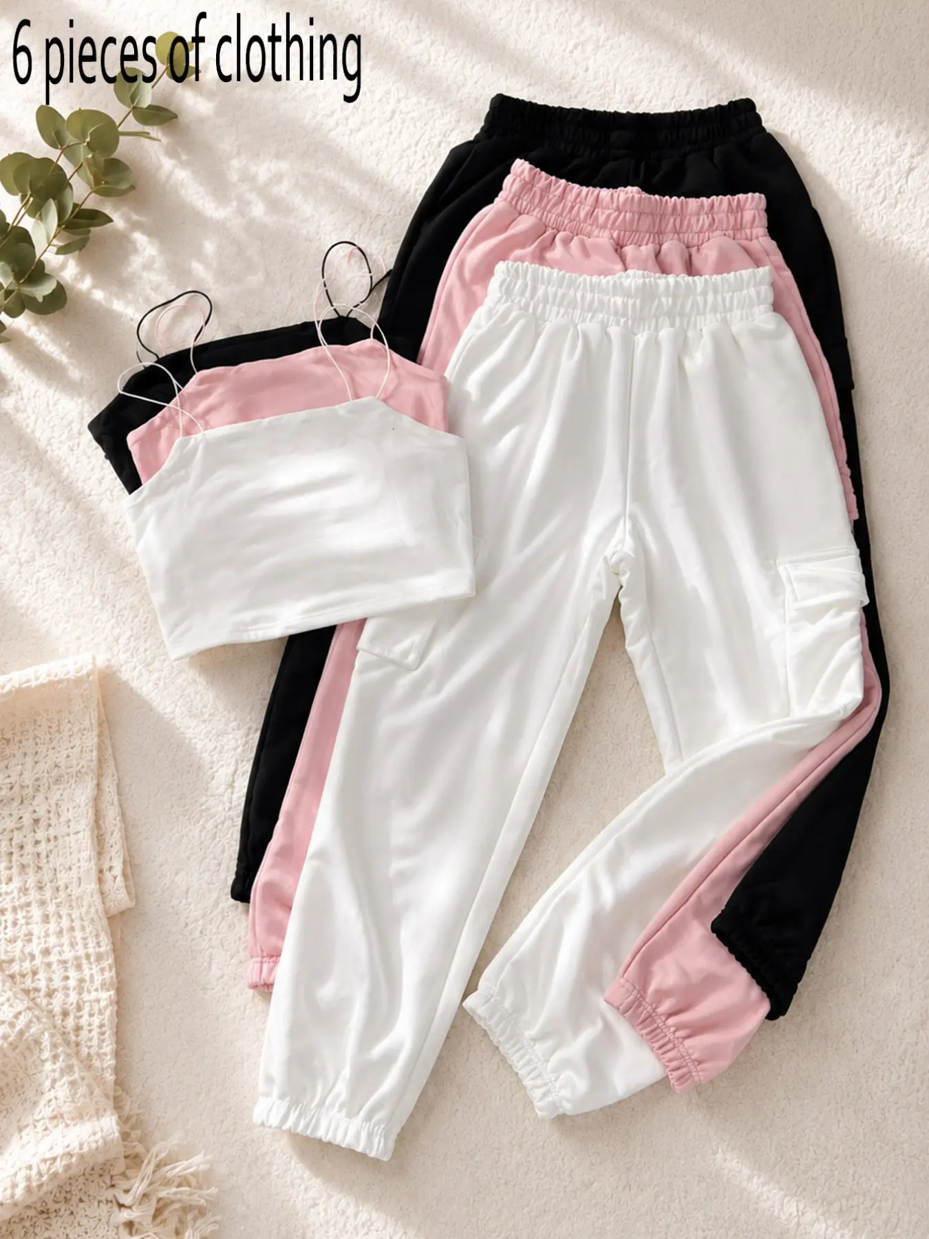 Casual Everyday Lightweight Set, Thin Strap Crop Top, Adjustable Waist Workwear Pants, 6-Piece Mix & Match Set, Comfortable and Stylish, Stretchy Outfit Sets