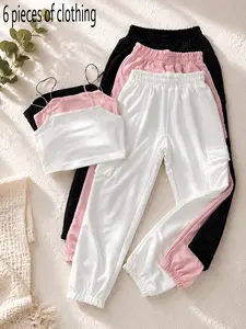 Casual Set, Thin Strap Crop Top, Adjustable Waist Workwear Pants, 6-Piece Mix & Match Set, Comfortable and Stylish