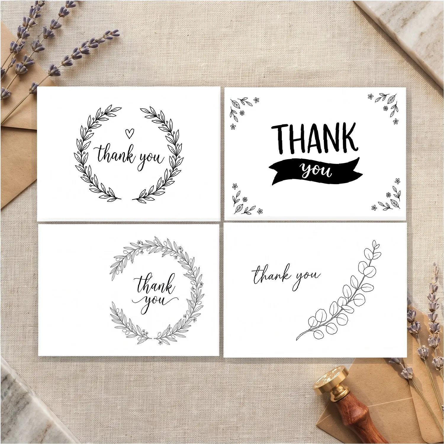 12-Piece Set with Envelopes and Cards, 4 Unique Designs, A6 Size Thank You Cards, Ideal for Weddings, Birthdays, Holidays, Business Invitations