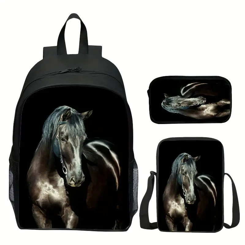 17-inch Polyester Fabric 3-in-1 School Set - Cute Zip-Up Lightweight 3D Horse Printed Casual Backpack, Insulated Lunch Bag, Back to School Haul Supplies for Children