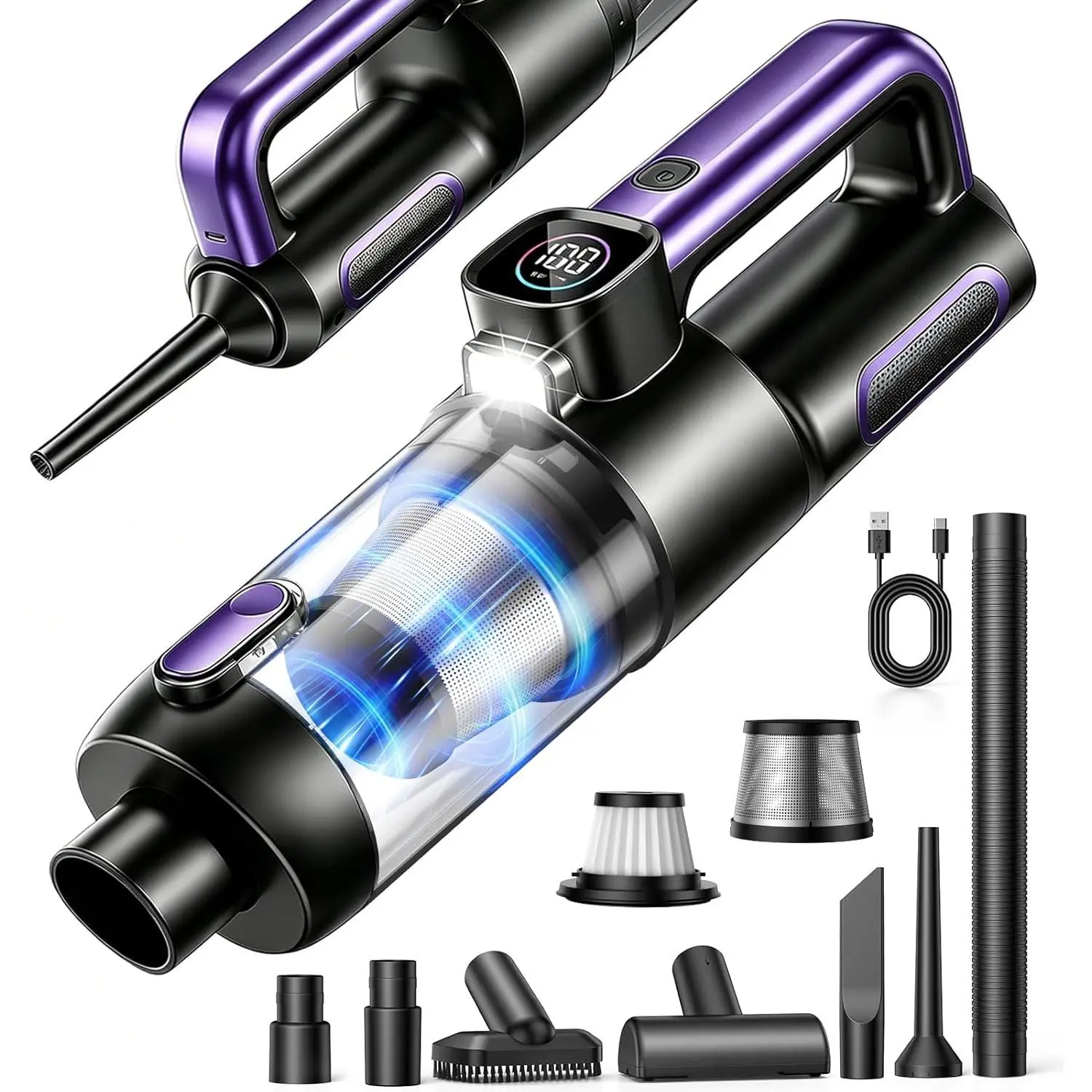 Car Vacuum Portable Cordless, 4-in-1 18000Pa Handheld Vacuum Cordless with LED Light, 120W Brushless Motor, 6000mAh Rechargeable Hand Mini Vacuum with Multi-Nozzles for Car, Home, Office & Pet Hair