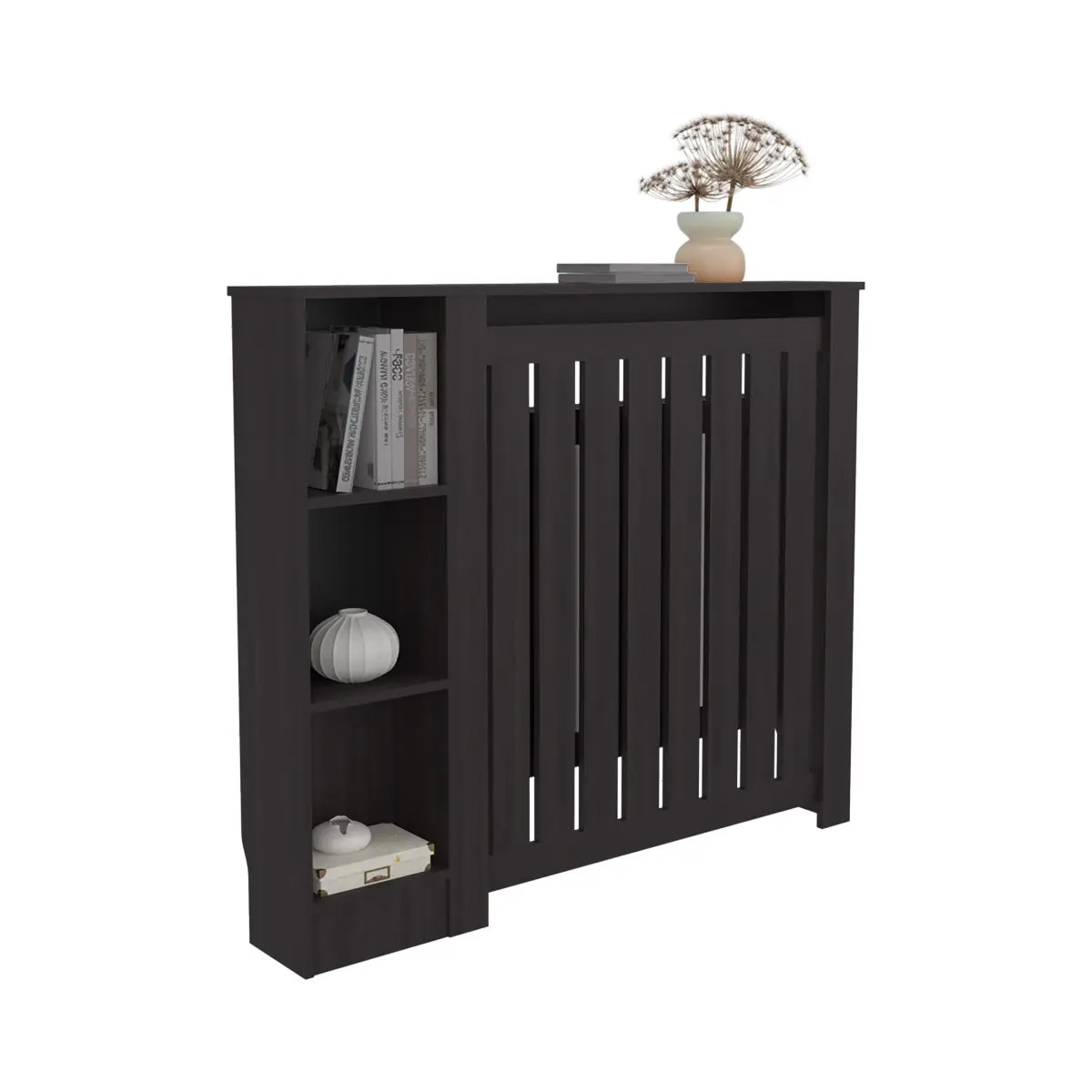 Radiator Cover Cabinet Joseph with Slatted Frame and 3 Shelves, Decorative Heater Cover, Modern Furniture Accent for Living Rooms, Hallways, and Bedrooms