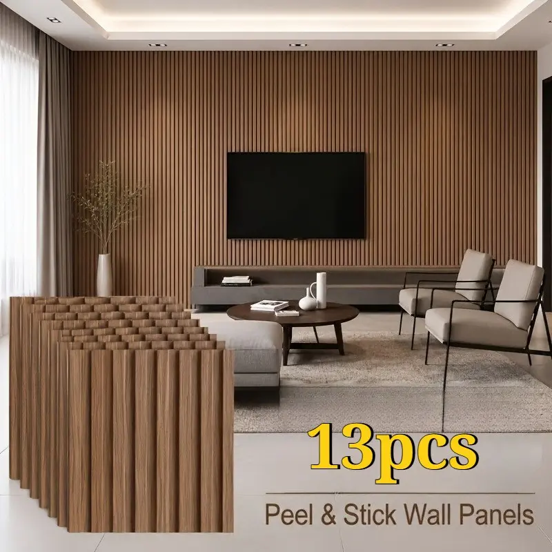 13pcs Self-Adhesive Wood Texture Wall Panels Peel and Stick, 11.81x11.81 Inches, Removable Kitchen Wall Stickers, PVC Subway Style, Dark Oak Color