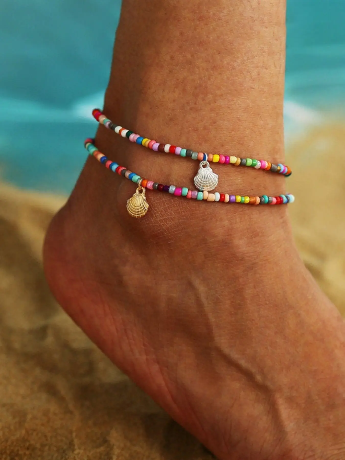 Women 2pcs Boho Rainbow Seed Bead Anklet, Two-Tone Silver Color Seashell Charm, Layered Foot Bracelet, Summer Beach Jewelry