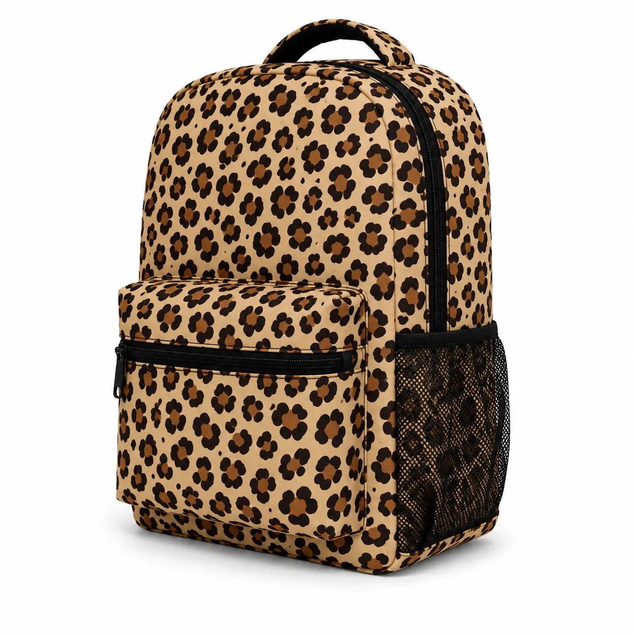 Leopard Print Backpack, Tan Animal Pattern School Bookbag with Front Zipper Pocket and Side Mesh Pocket, Lightweight Large Capacity Travel Daypack for Girls Women Teens