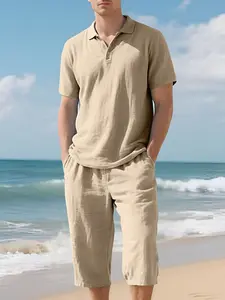Summer beach set for men: loose-fit, breathable linen short-sleeved polo shirt and 7/8-length shorts