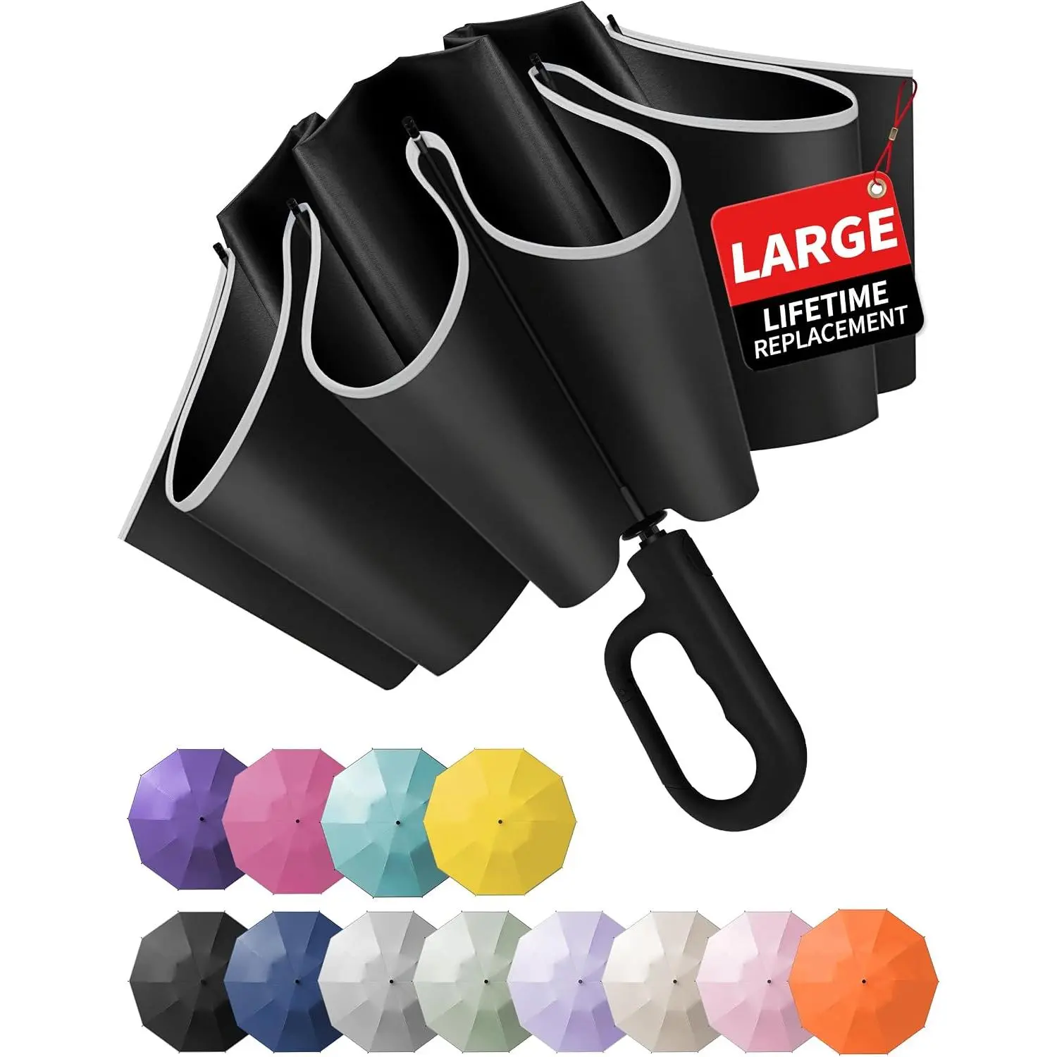 Large Synthetic Inverted Umbrella with Carabiner Handle - Windproof, UV-Protective for Rain/Sun Use, Reverse Design Keeps Wet Side Inside, Reflective Stripe for Safety, Compact for Backpack Travel