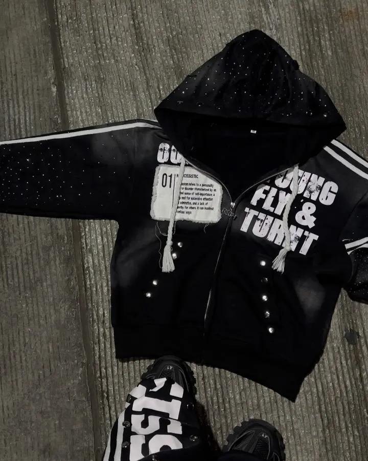 Newclothing piecesGothic Punk Hip Hop Washed Hoodie Y2k Retro Klein Stone Stripe Embroidery Zip Up Hoodies Rock Harajuku Men Women Streetwear funny saying shirt