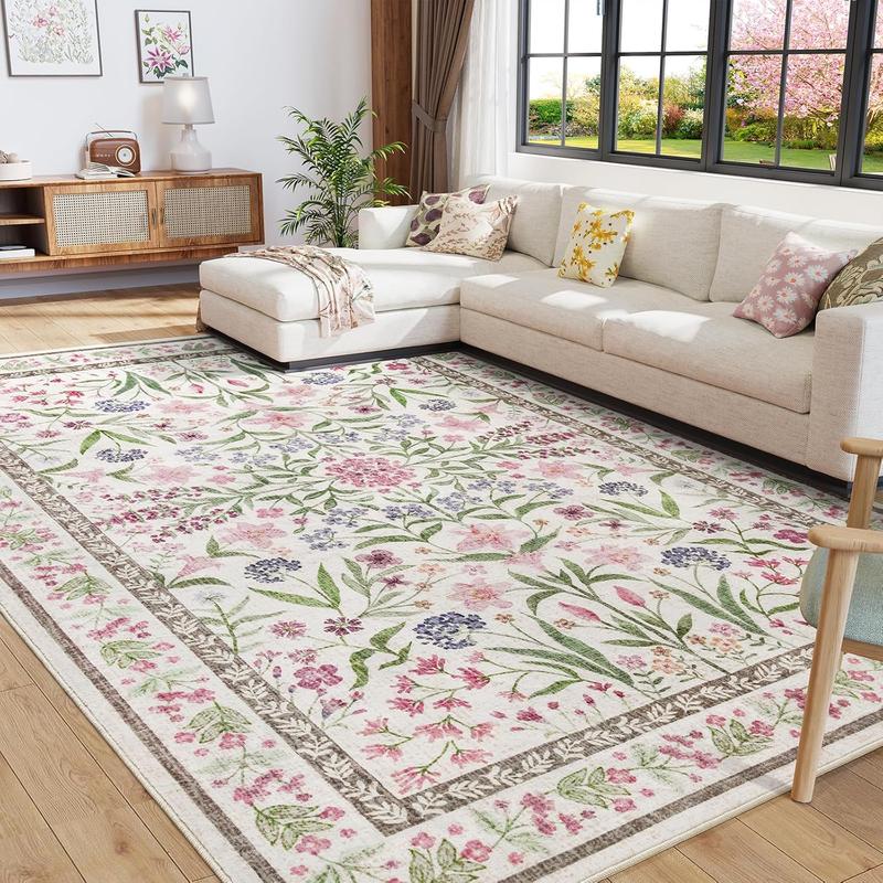 Amearea 8x10 Area Faux Cashmere Rugs for Living Room, Washable Area Rugs 8 x 10 Pink Floral Rug, Vintage Low Pile Cute Room Print Carpet, Non Slip Office Nursery Bedroom Dining Room Farmhouse Decor