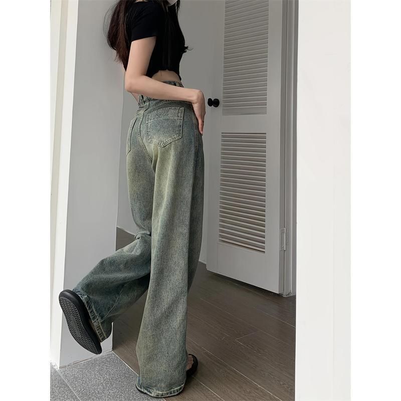 Women's Vintage Loose Jeans - Slant Pocket, Straight Cut, Classic Green-Blue