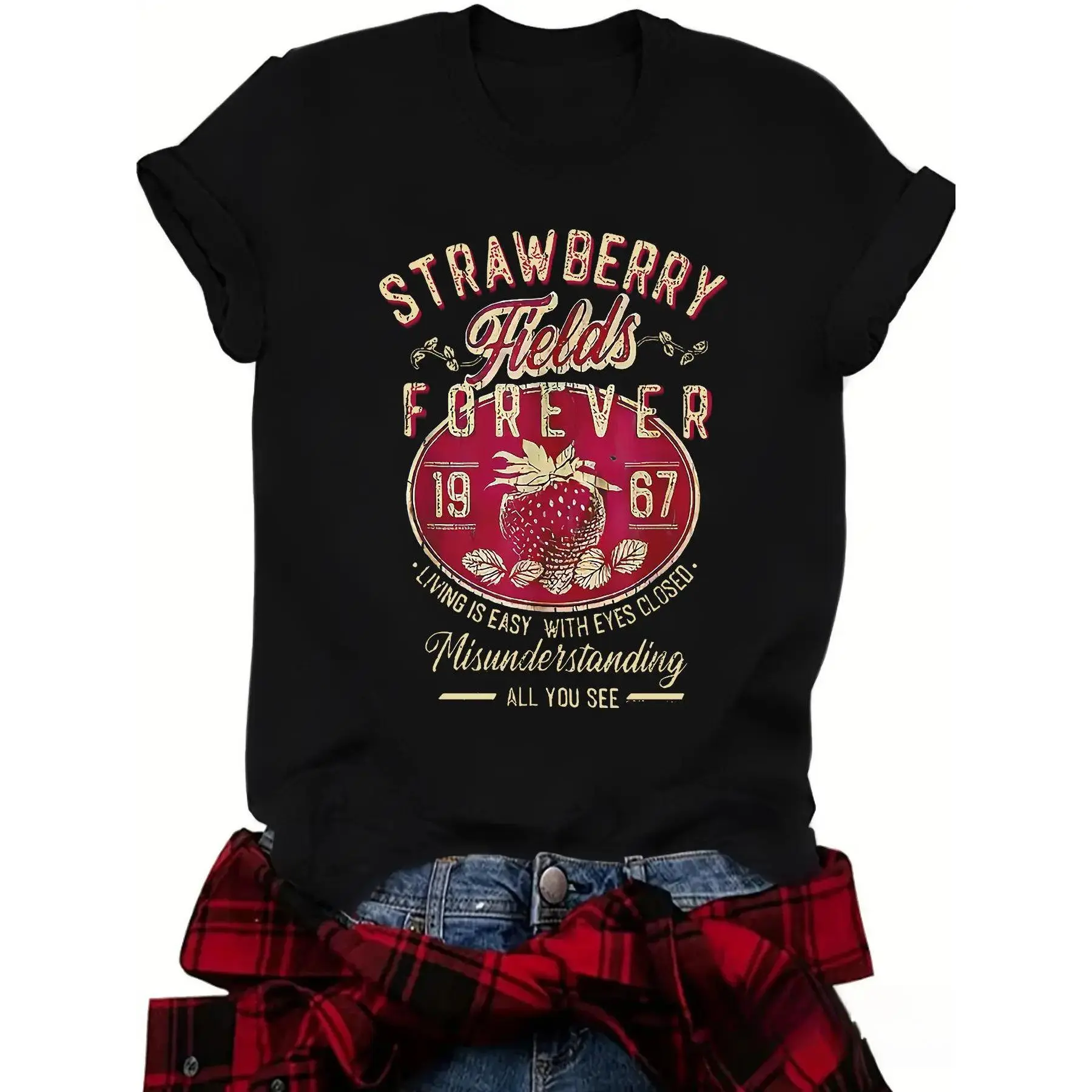 Vintage Graphic T-Shirt, Women's Strawberry Fields Comfy Cotton Top, Baggy Shortsleeve Streetwear Apparel 1967, Fitted, Soft, Print, Vintage Graphic Tees