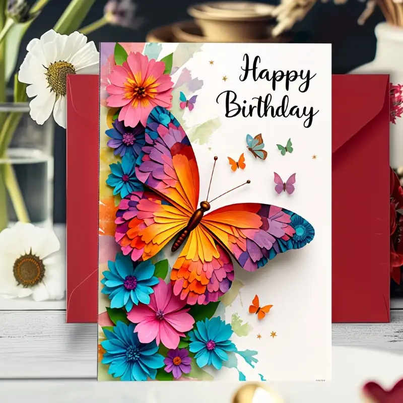 Colorful Butterfly Floral Print Birthday Card, Perfect for Birthdays, Parties, Gifts, Unique Design, Ideal for Celebrations