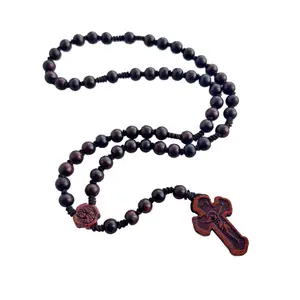 5 Piece Wooden Rosary Jesus Cross, Antique Wood Cord Rosary with INRI Cross, Religious Prayer Beads for Church Home Decor, Catholic Christian Gift for Baptism Confirmation