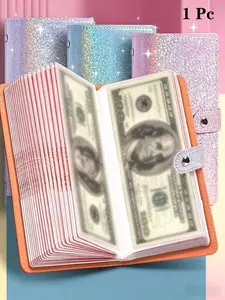 Large Capacity Storage Book Money Saving Notebook PU Leather 50 Inner Pages 100 Bills Capacity Stamp Bank Card Collection Album Wallet Waterproof Dirt Resistant Colorful Snap Button Design Bill Organizer Planner