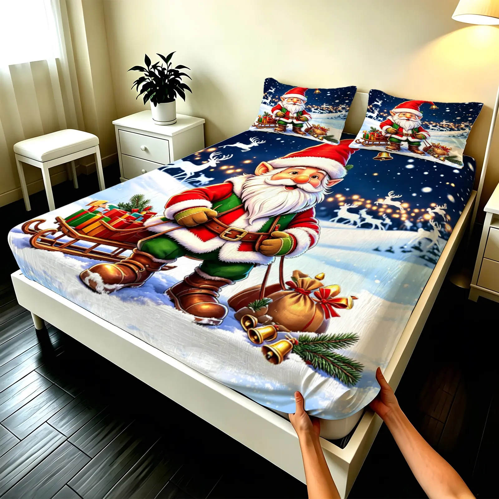 3pcs Fitted sheet Christmas Santa Gnome Winter Holiday Pattern Soft Microfiber Bedding Set, Wrinkle Resistant Fade Proof Breathable Cozy Bed Cover Set for Bedroom Home Holiday Decor, Fit Twin Full Queen King California King Size