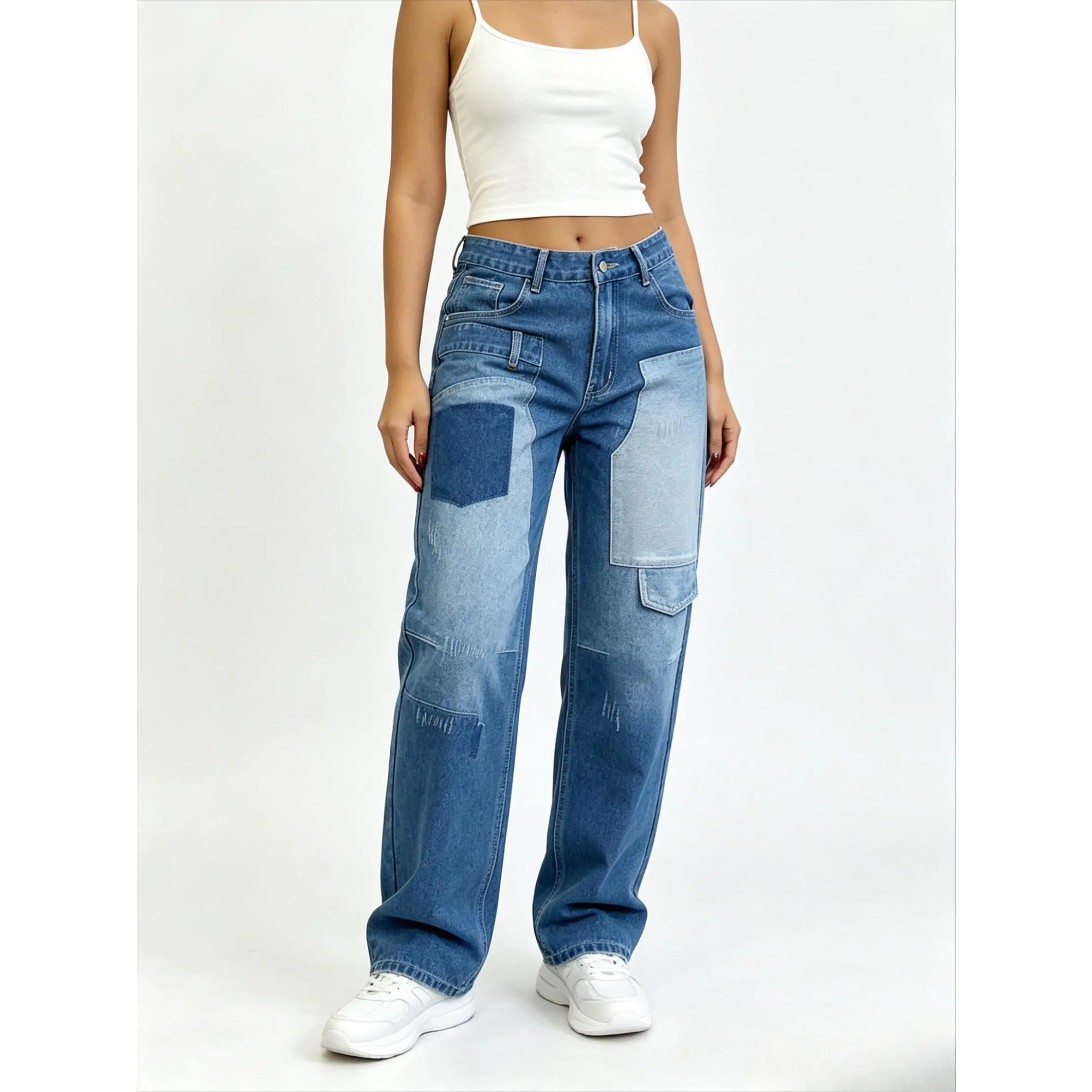 Women High Waist Patchwork Wide Leg Jeans Y2K Baggy Cargo Denim Pants Vintage Distressed Color Block Patch Pocket Loose Streetwear Trousers