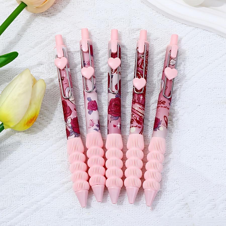1 box of 5 pink heart click gel pen romantic red rose high value study office signature pen Valentine's Day gift College Student Pen