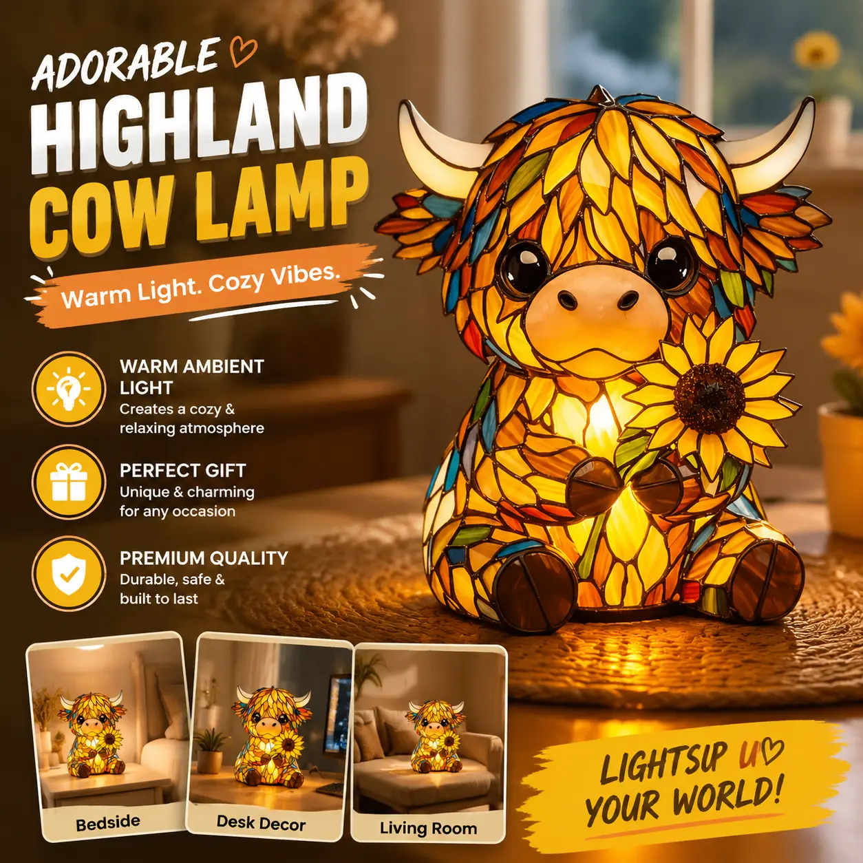 Highland Cow Night Light, Whimsical Animal Statue with Sunflower, Warm Glow Bedside Desk Decor for Cozy Vibes
