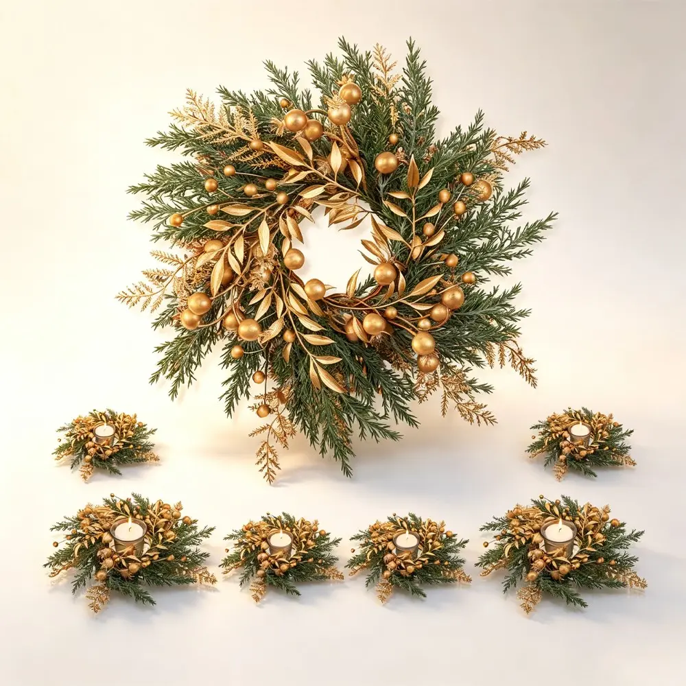 6pcs Christmas Table Centerpiece Decor, Artificial Berry Wreath and Candle Ring Set, Kitchen Cabinet Decoration, Holiday Decorative Ornaments Kit