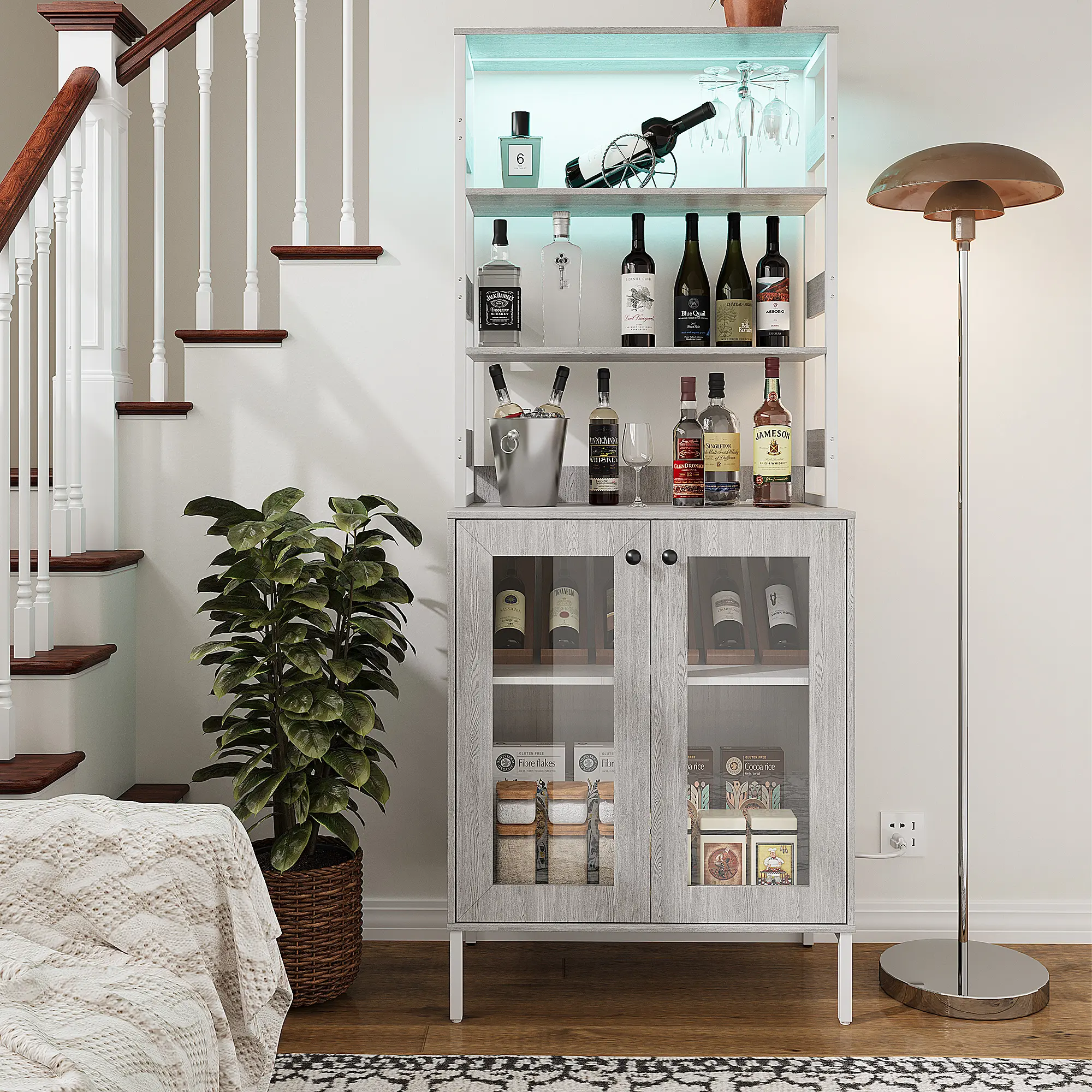 Rustic Coffee Bar Cabinet with LED Lights & Power Outlet – 47" Sideboard Buffet with 16-Bottle Wine & Glass Rack, Sliding Barn & Tempered Glass Doors, LED Lights, Power Outlets, Storage Shelves