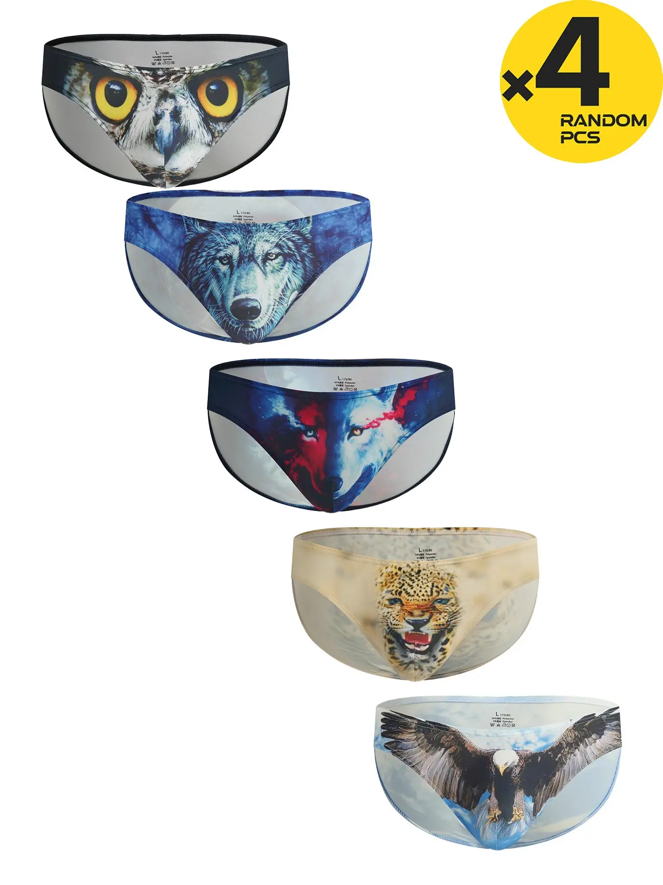2/3/4 Pack Random Pattern Men Animal Print Briefs, Wolf Leopard Eagle Owl Low Rise 3D Bulge Pouch Stretchy Breathable Underwear, Smooth Stretch Soft Lightweight Male Intimate Panties for Daily Dating Party Casual Wear