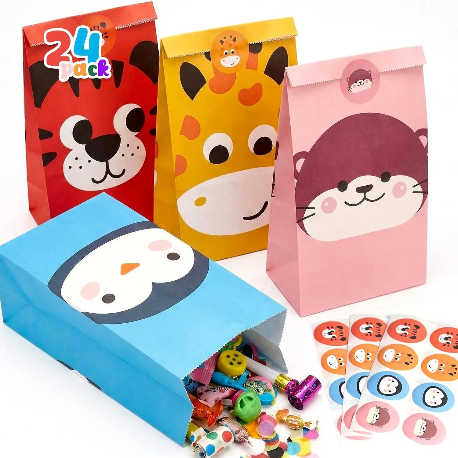 24 Pack  Party Favor Bags with Stickers, 4 Designs | 8.7 X 4.7 X 3.1 inch Bags, 6 per  Design, for Candy, Small Toys, Safari Parties, and Classroom Rewards