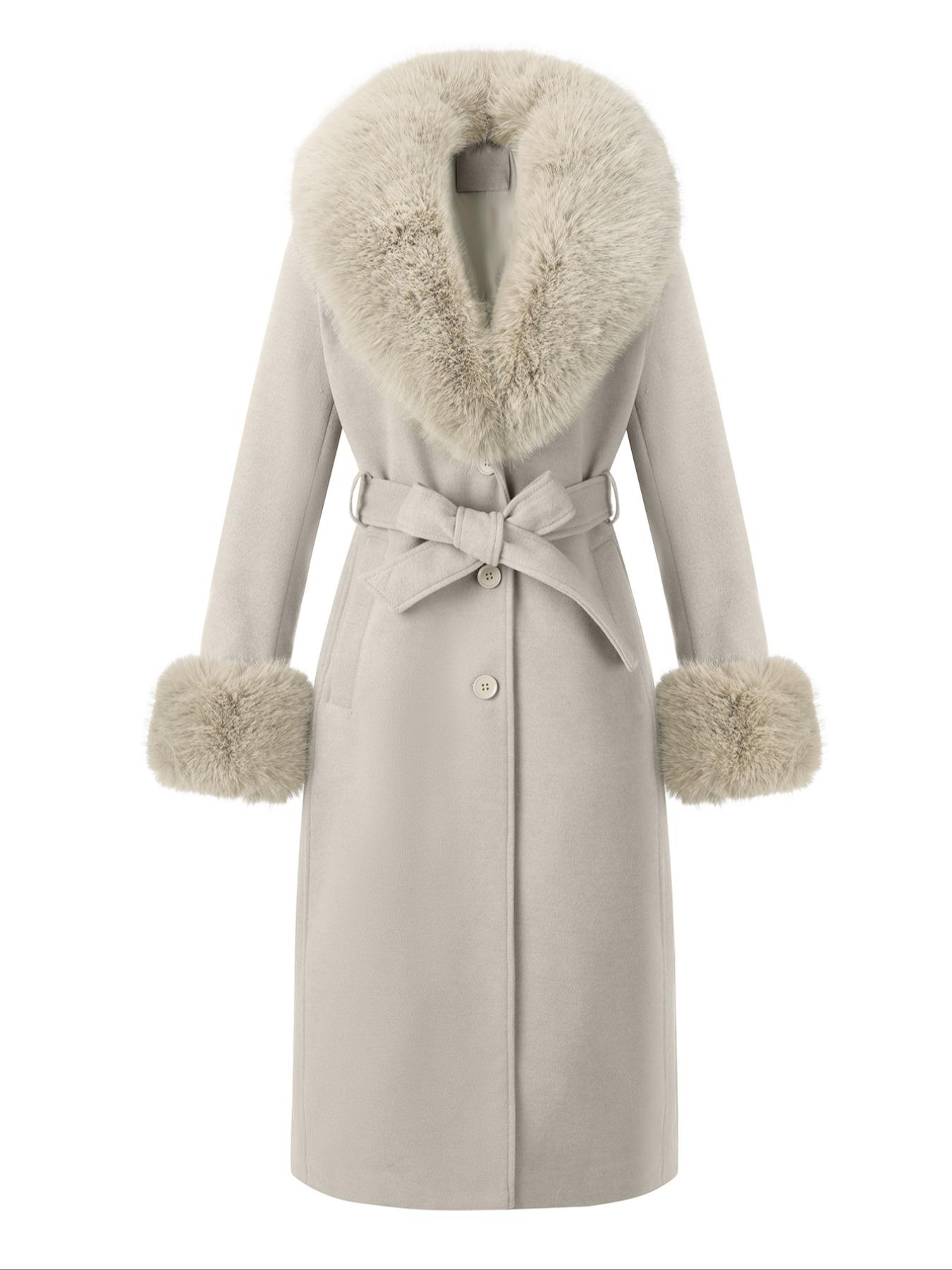Women's Fall Winter Mid-Length Solid Color Coat, Warm Fitted Coat with Fur Collar, Waist Belt & Pockets, Casual Style, Jackets