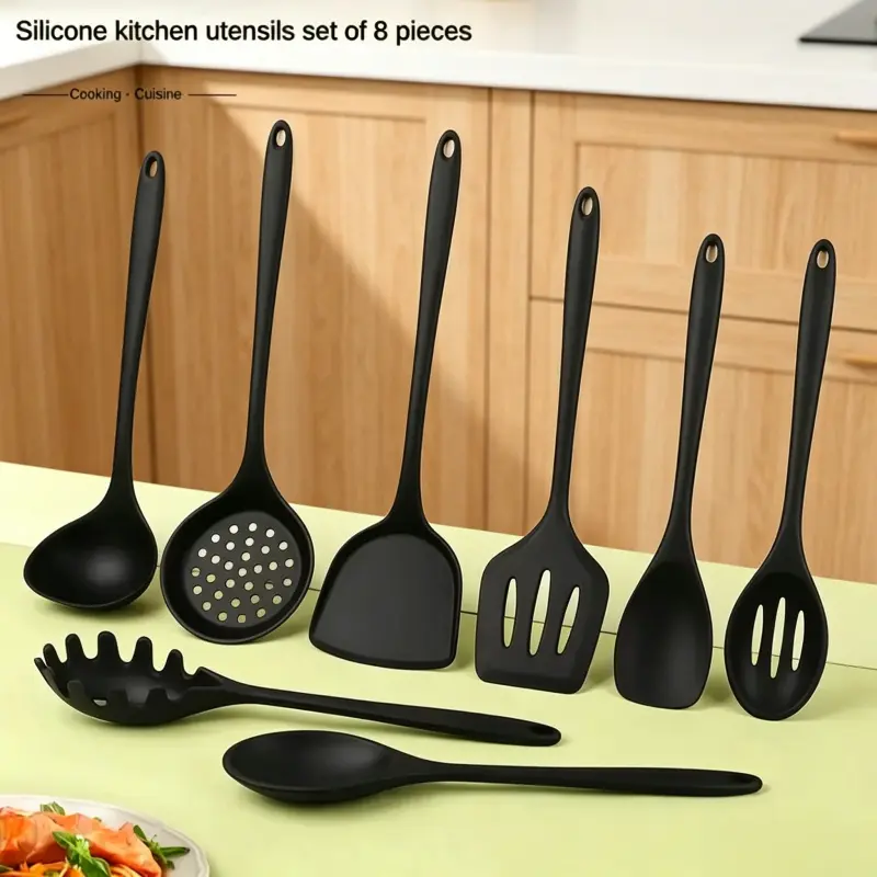 complete 8pcs silicone kitchen utensil kit heat proof cooking ladle turner pasta server gift set Kitchen Tools and Gadgets for new house kitchen renovation