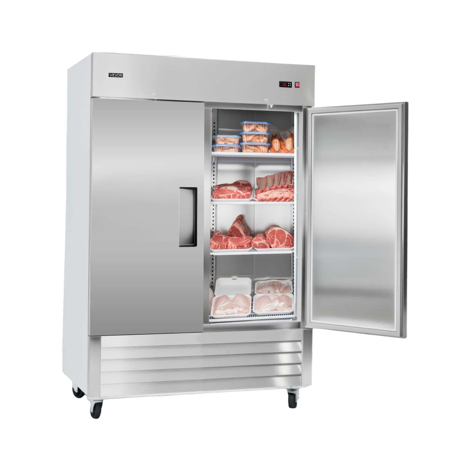 【DealsForYouDays】VEVOR Commercial Freezer, 32.2 in Width Reach In Upright-Freezer Double Door, 43.2 Cu. ft Auto-Defrost Stainless Steel Freezer with 8 Adjustable Shelves, -11 to 14 Temp Control, LED Light, 4 Wheels