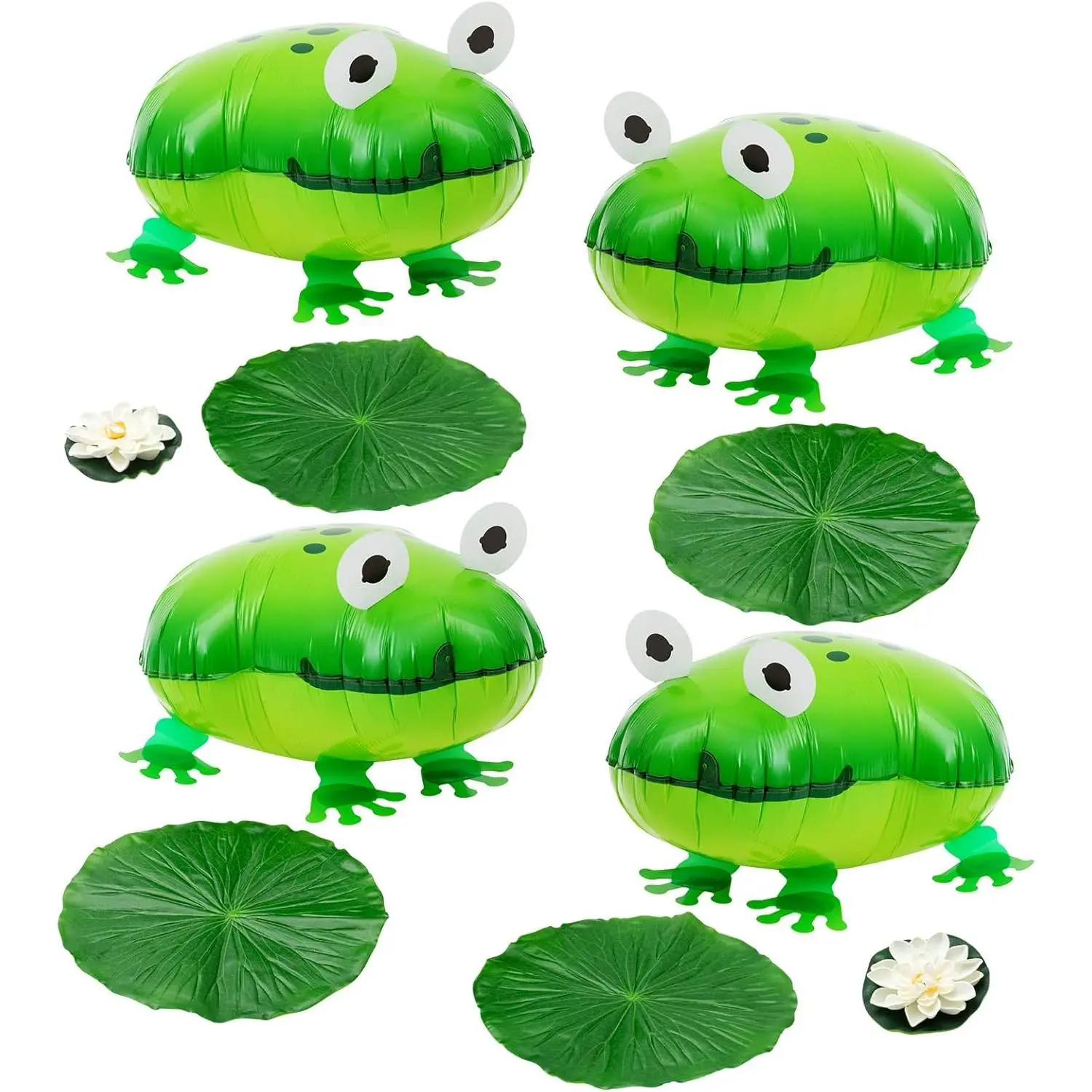 10 Pcs Inflatable Walking Frog Balloons Set - 4 Green Frog Balloon & 4 Artificial Lily Pad & 2 White Lotus Flower Princess Theme Party Decoration for Reptile Animal Birthday Baby Shower, 24 x 16 Inch