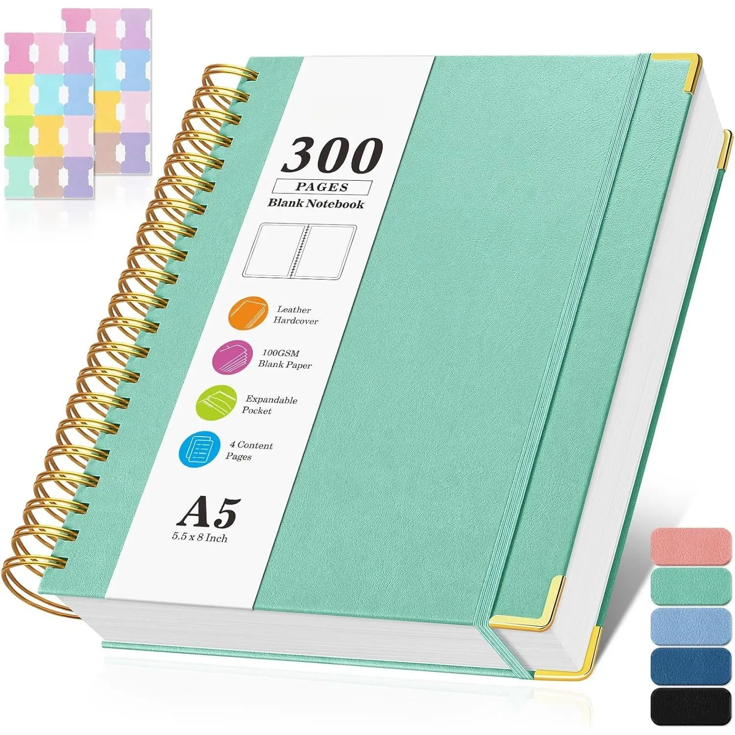 Blank Spiral Notebook: Leather Sketch Book, Unlined Notebook for Women Men | 300 Pages, Hardcover 100GSM Thick No Bleed Paper Journal, A5 Small Art Sketchbook for Drawing Writing Work, 5.5" x 8", Green