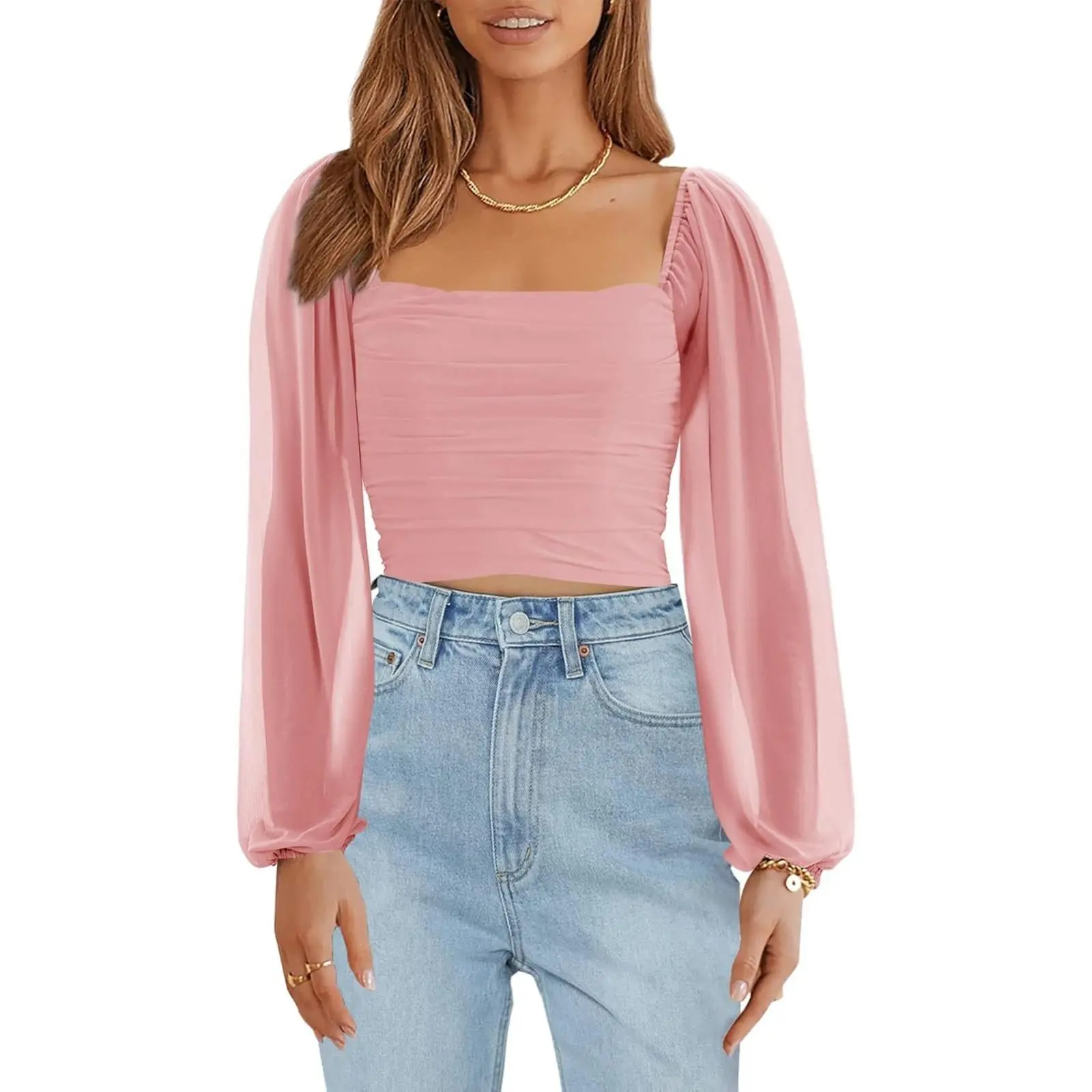 TANKANEO Women's Fitted Mesh Long-Sleeve Crop Top - Square Neck, Off-The-Shoulder, Ruched, Dressy Casual for Night Outings, Longsleeves